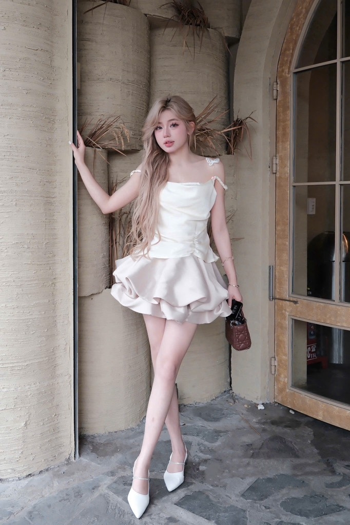 Set áo 2 dây chân váy bí nude tiểu thư