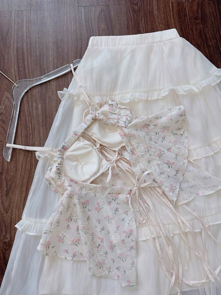 Set áo xô thêu áo 2 dây cột Babydoll chân váy maxi