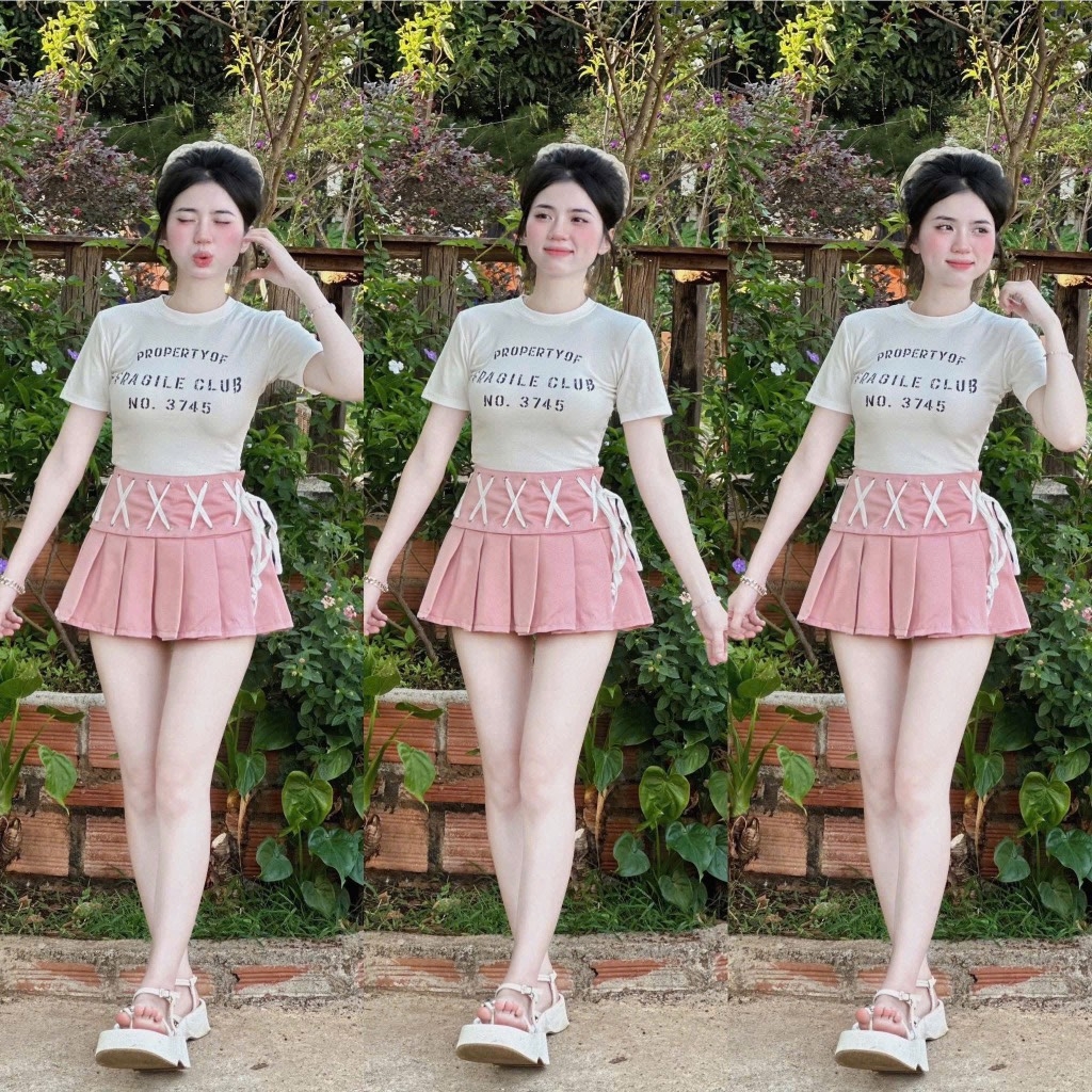 Set áo thun trắng chữ đen chân váy X hồng