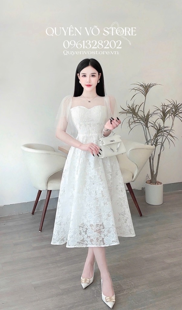 Đầm ren voan tay tiên cổ tròn - Trắng