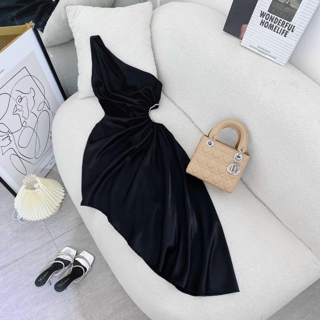 Đầm midi lệch vai viền đá