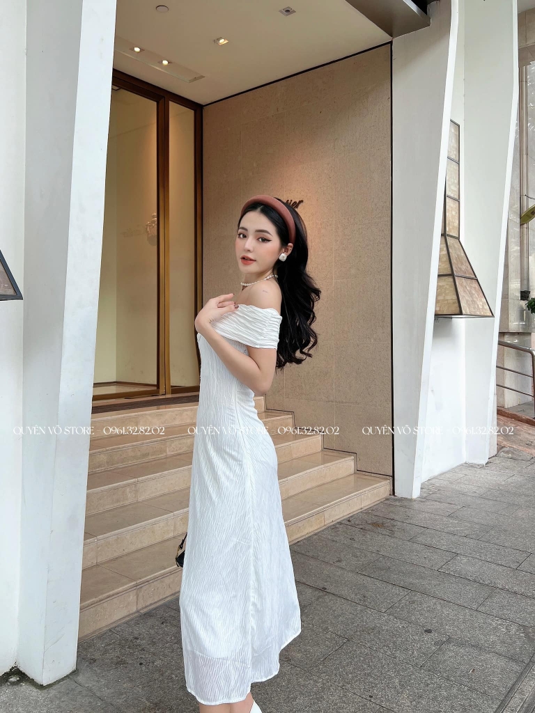 Đầm thun dáng dài bẹt vai