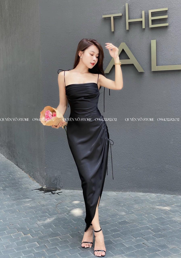 Đầm lụa 2 dây rút 1 bên