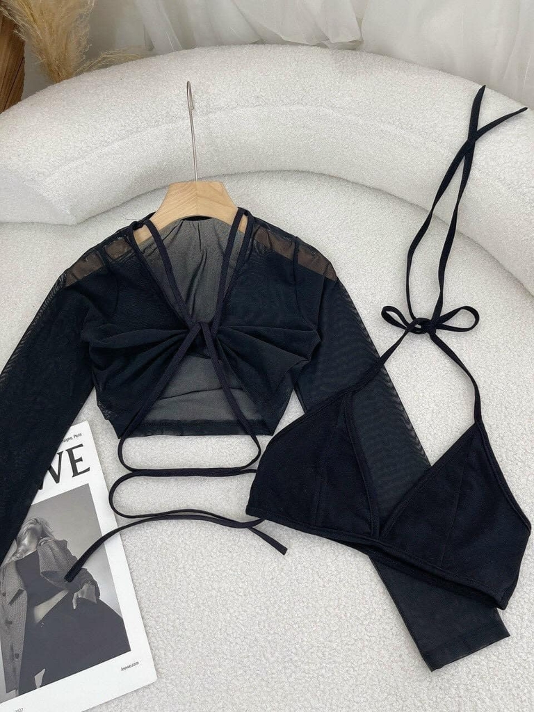 Set áo lước đen bra