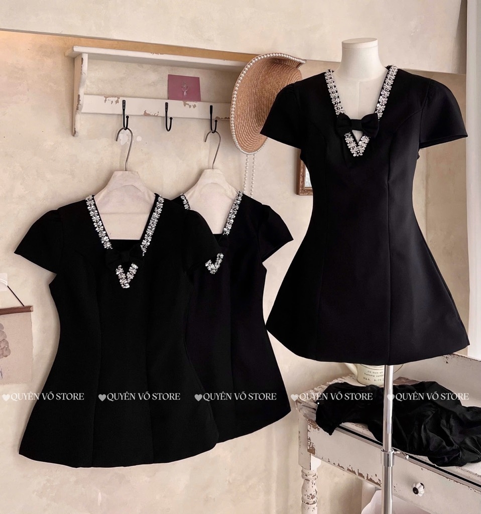 Đầm tafta cổ V đính đá - 1070