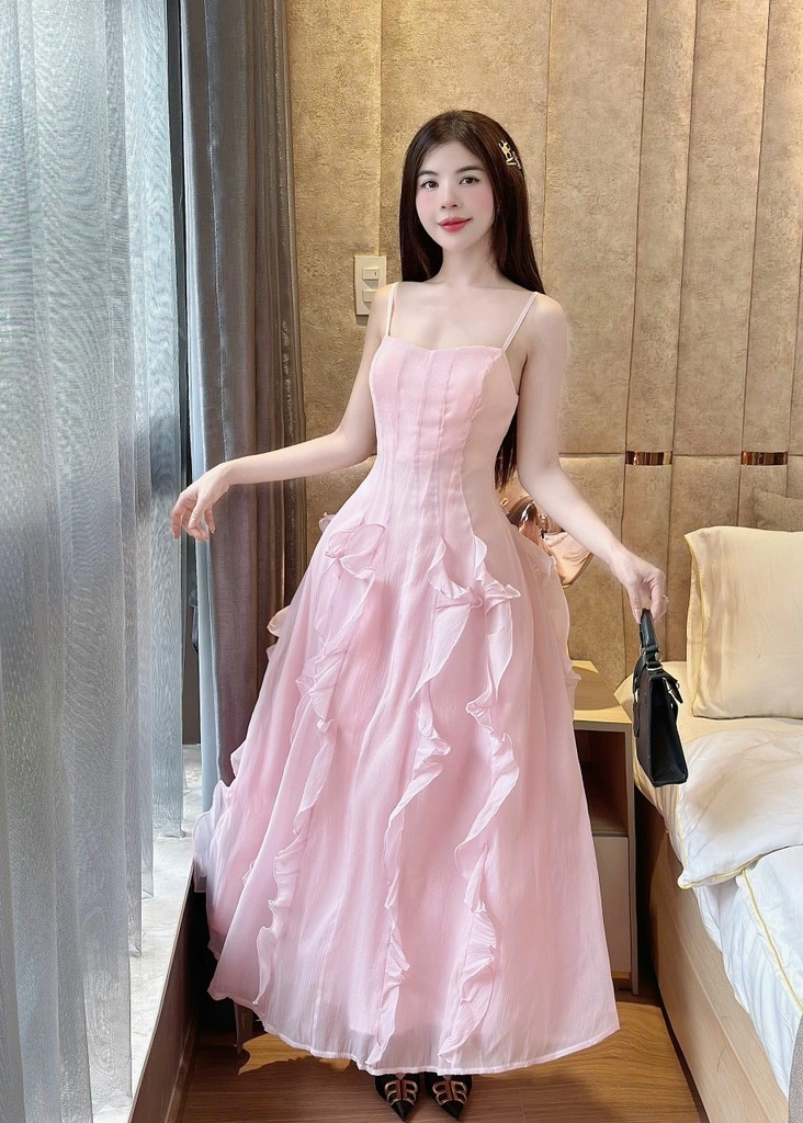 Đầm xòe hồng 2 dây phối bèo