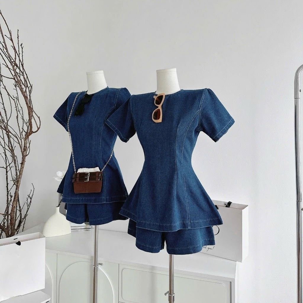 Set jean áo peplum quần short