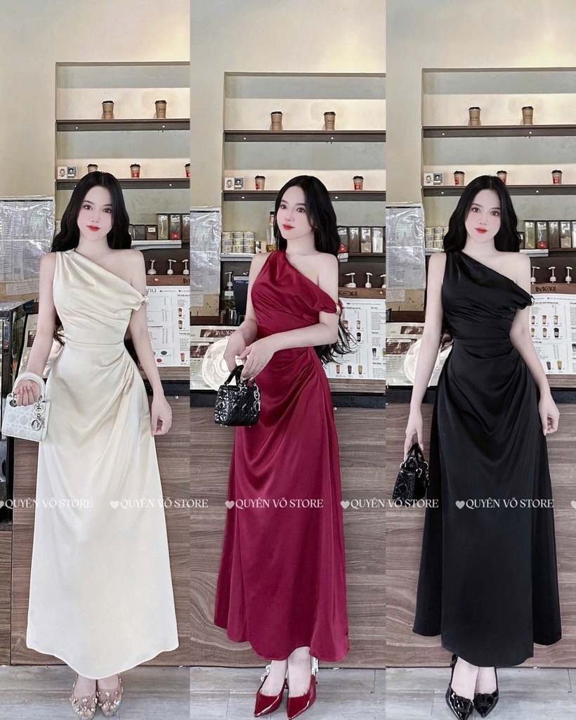 Đầm lụa lệch vai xếp ly eo - Đỏ