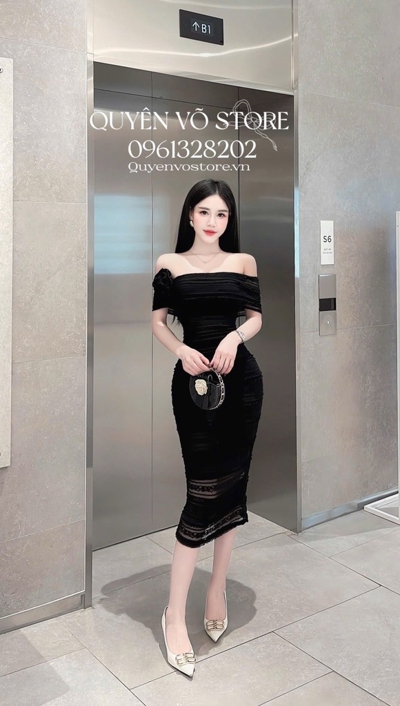 Đầm ôm body ren trễ vai - Đen