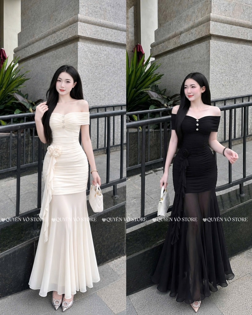 Đầm ôm body trễ vai đá ngực - Kem