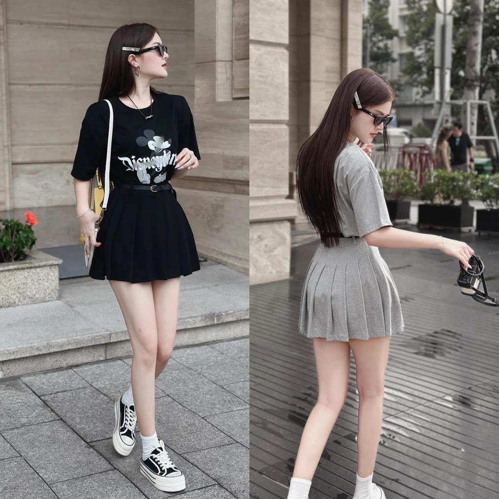 Set áo thun chân váy xếp li in