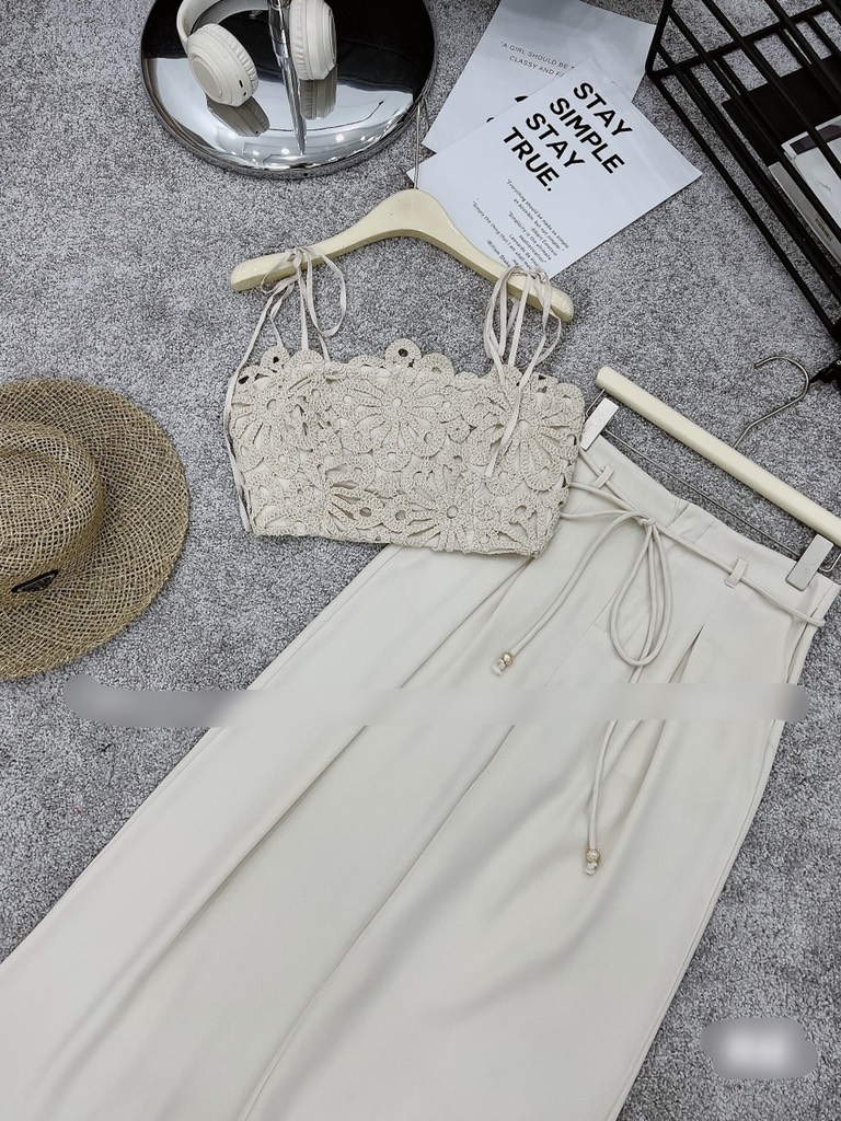 Set áo 2 dây ren quần suông dài