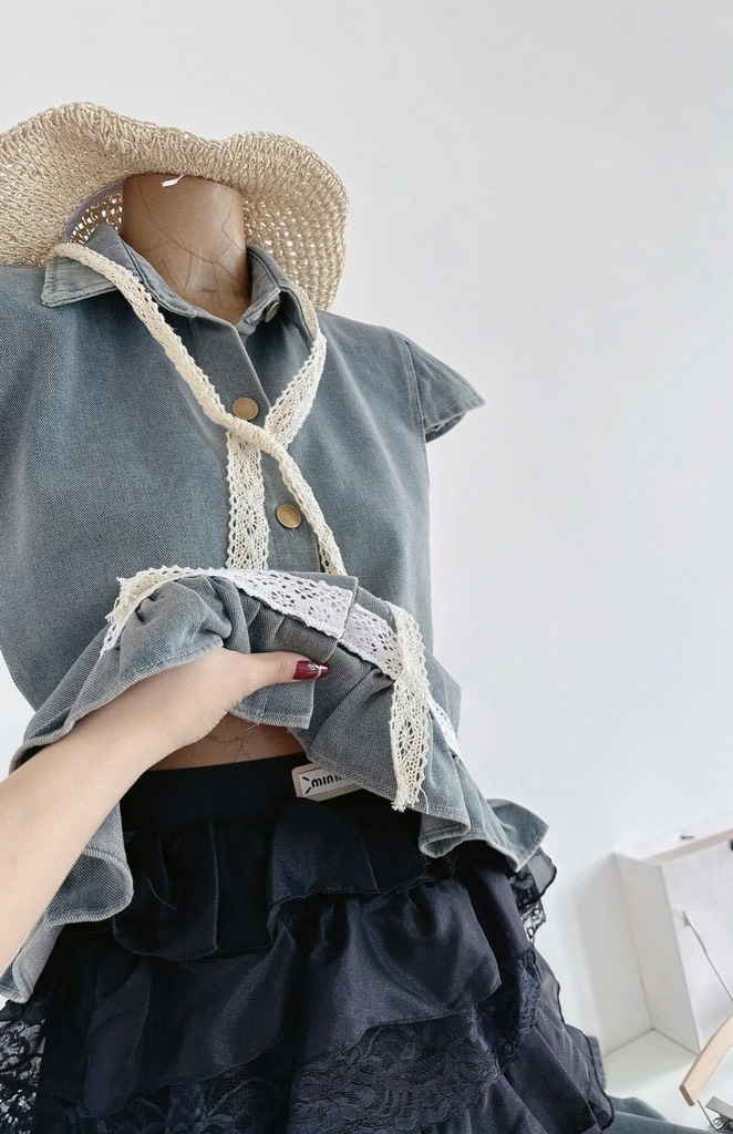 Set áo jean lai bèo chân váy tầng