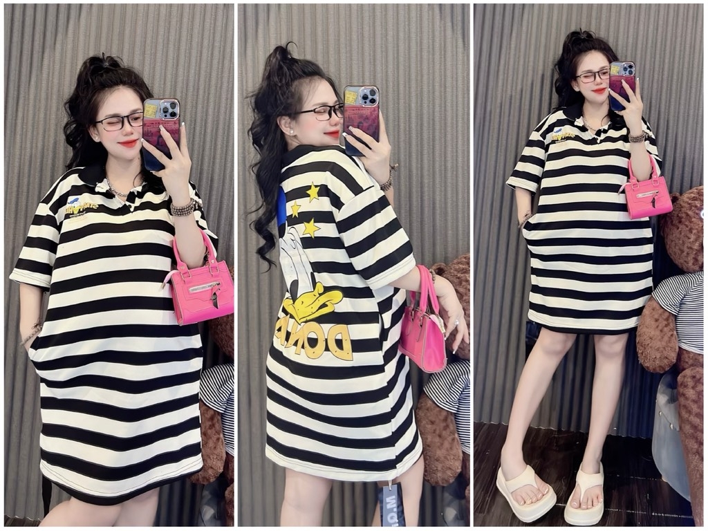 Đầm thun sọc cổ sơ mi