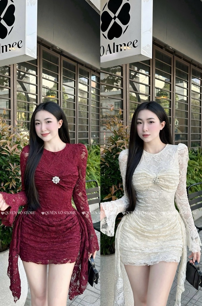 Đầm ren ôm body tay dài - Kem