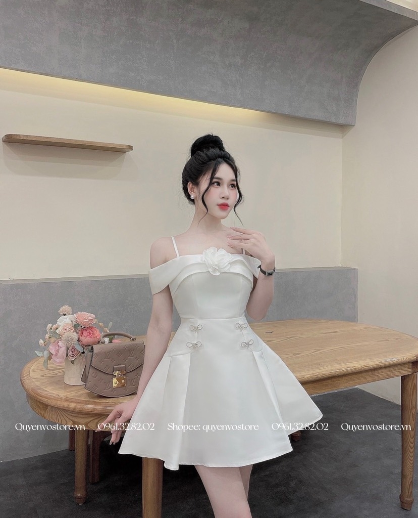 Đầm tafta 2 dây trễ vai