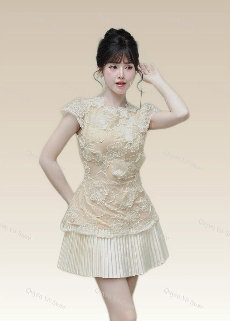 Set áo ren chân váy dập li