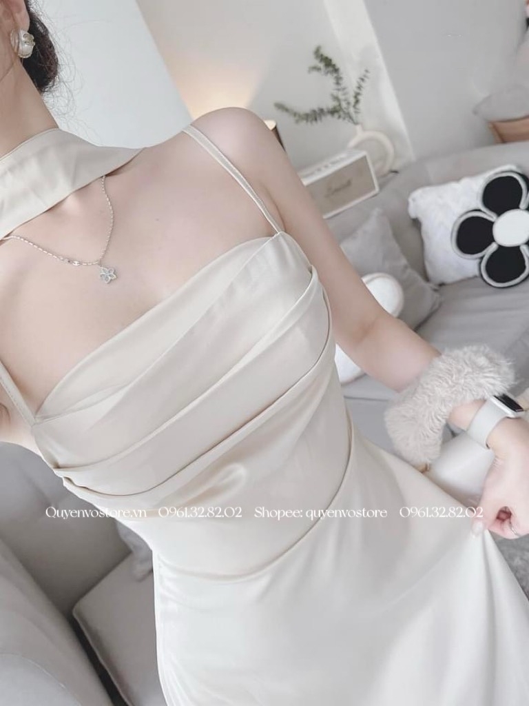 Đầm lụa 2 dây đáp cổ li ngực
