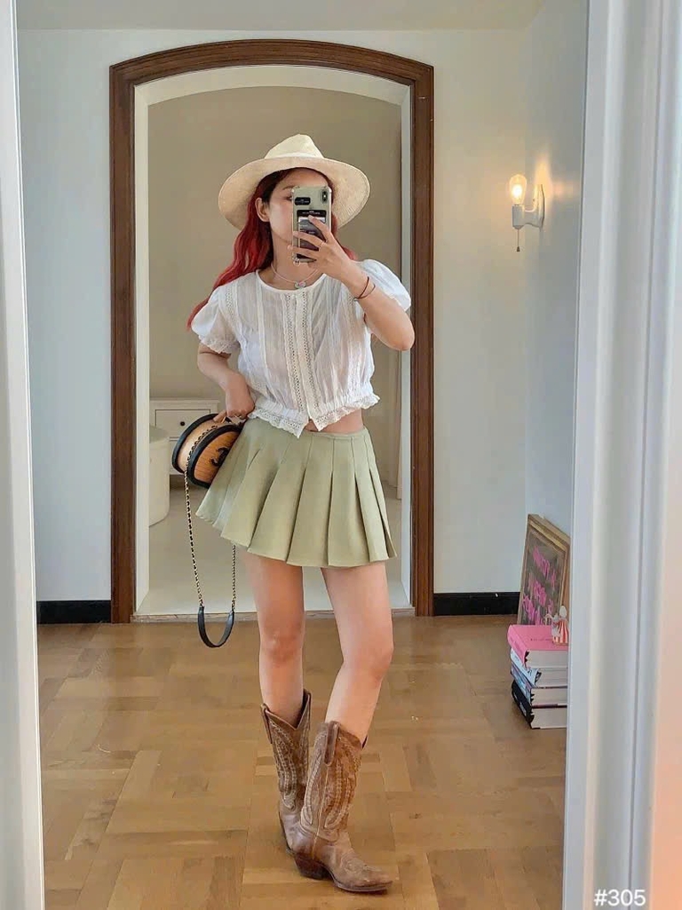Áo sơ mi ren thắt eo