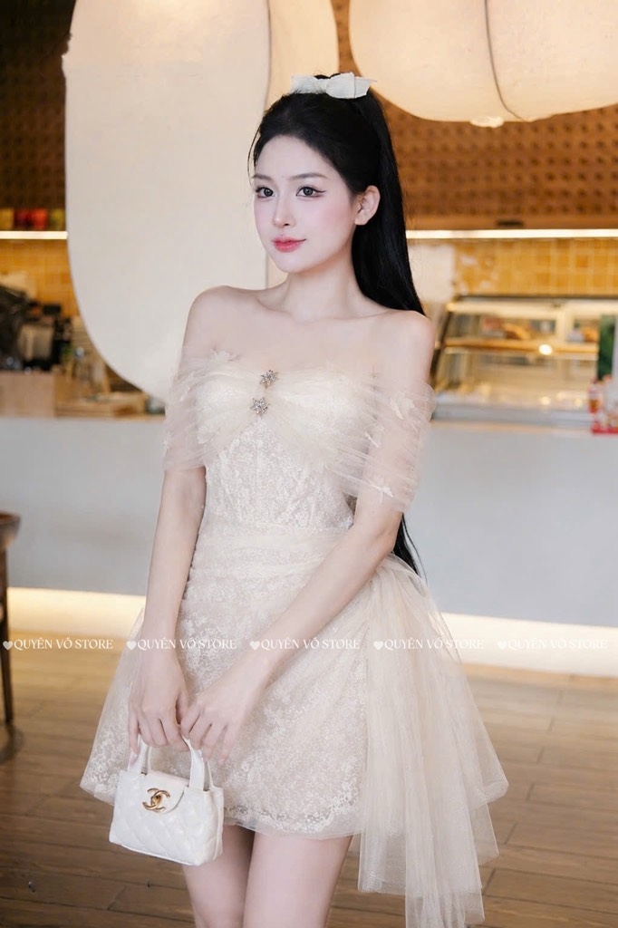 Đầm ren trễ vai phối voan