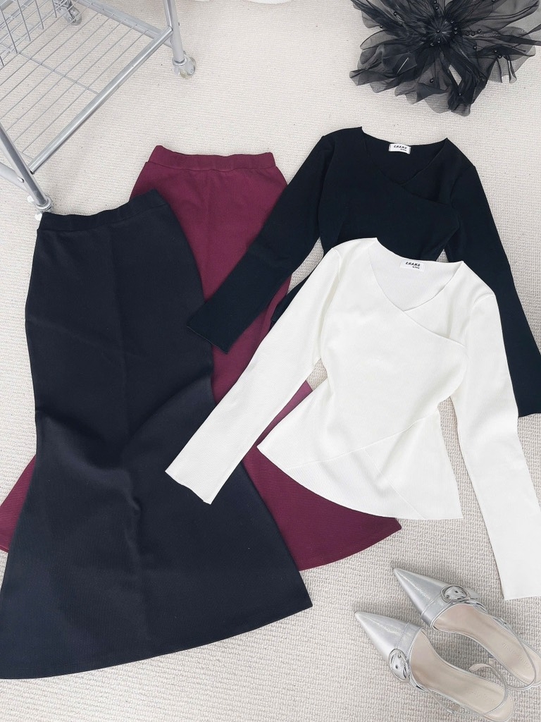 Set áo đắp chéo x chân váy đuôi cá