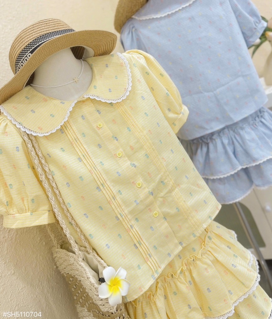 Set hoa nhí cổ sen chân váy - Xanh S