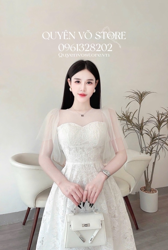 Đầm ren voan tay tiên cổ tròn - Trắng