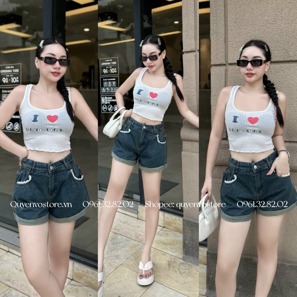QJ 2184 Quần jean đùi ren viền túi