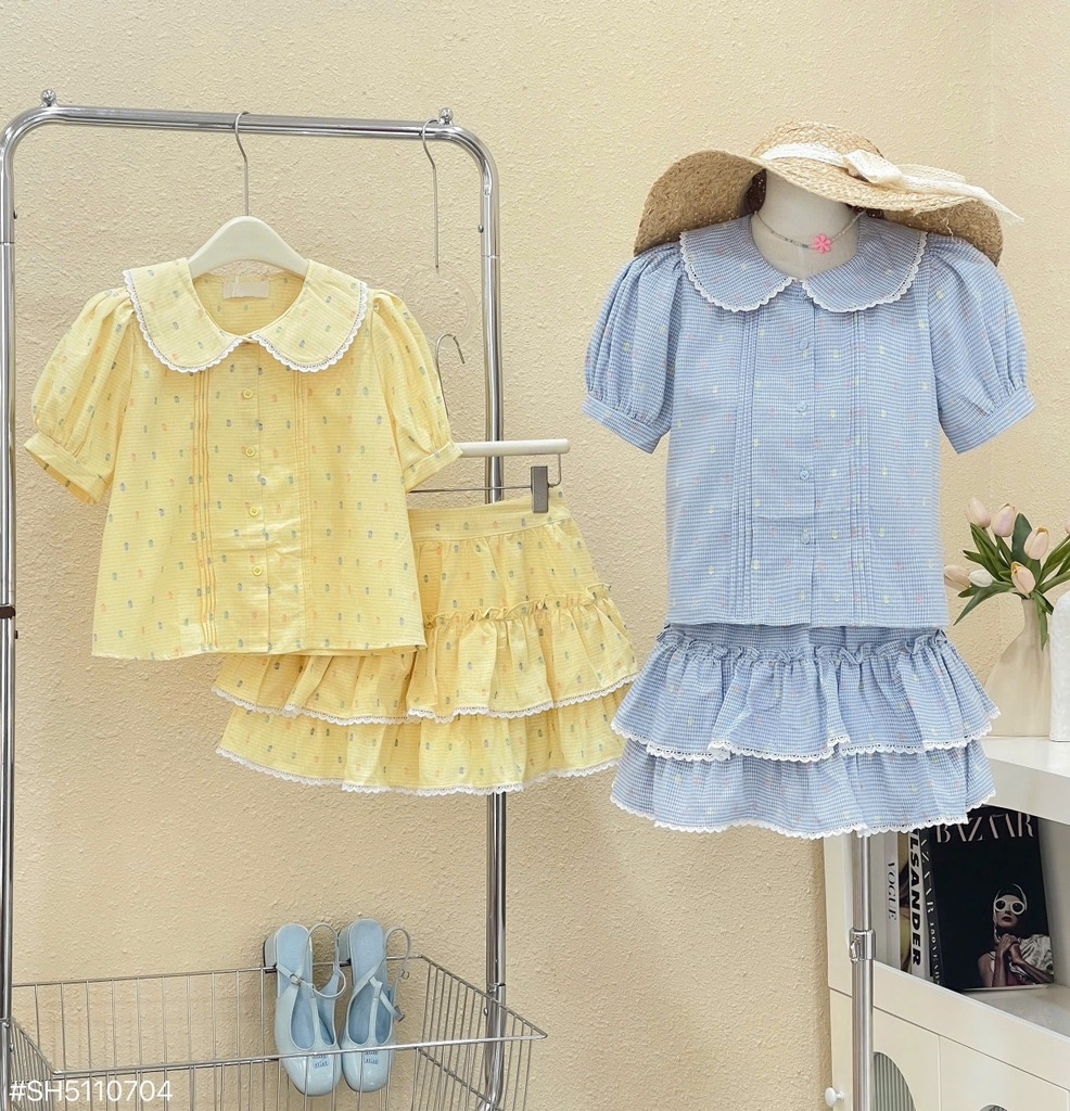 Set hoa nhí cổ sen chân váy - Xanh S