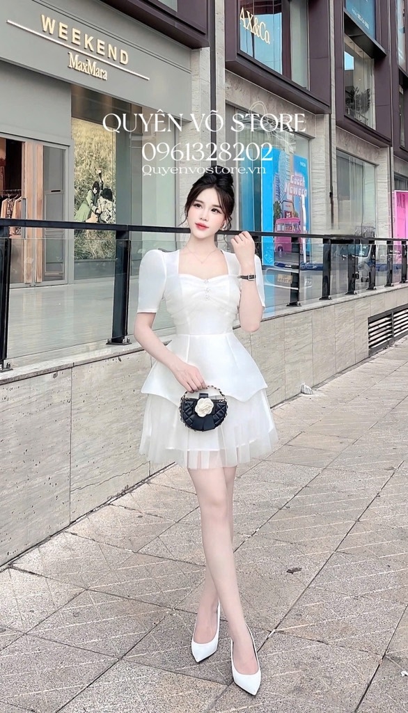 Đầm tafta tầng voan lai - Trắng