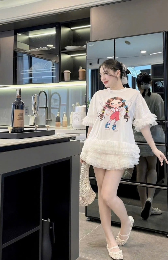 Đầm suông lai voan cô gái - trắng