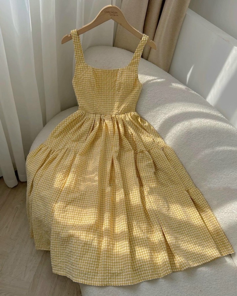 Đầm maxi caro 2 dây bản