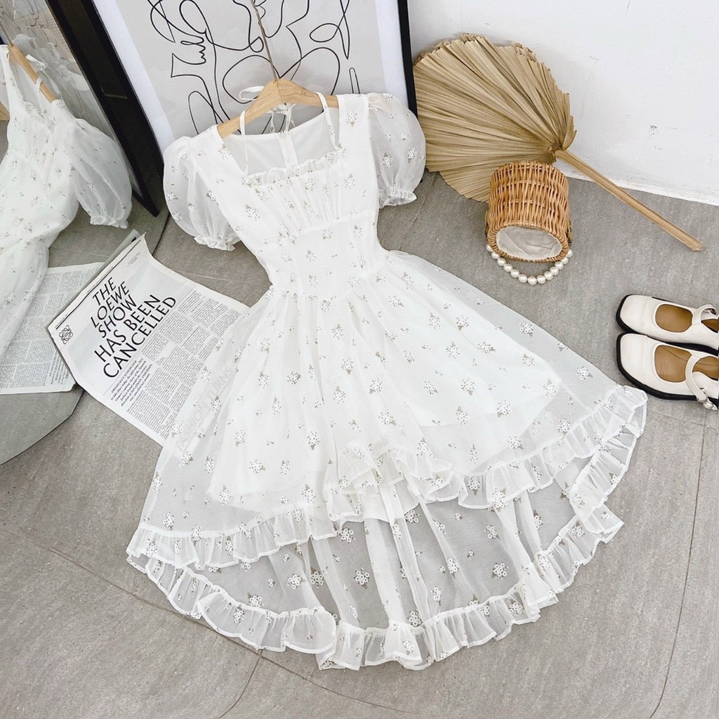 Đầm hoa cổ vuông dây chéo