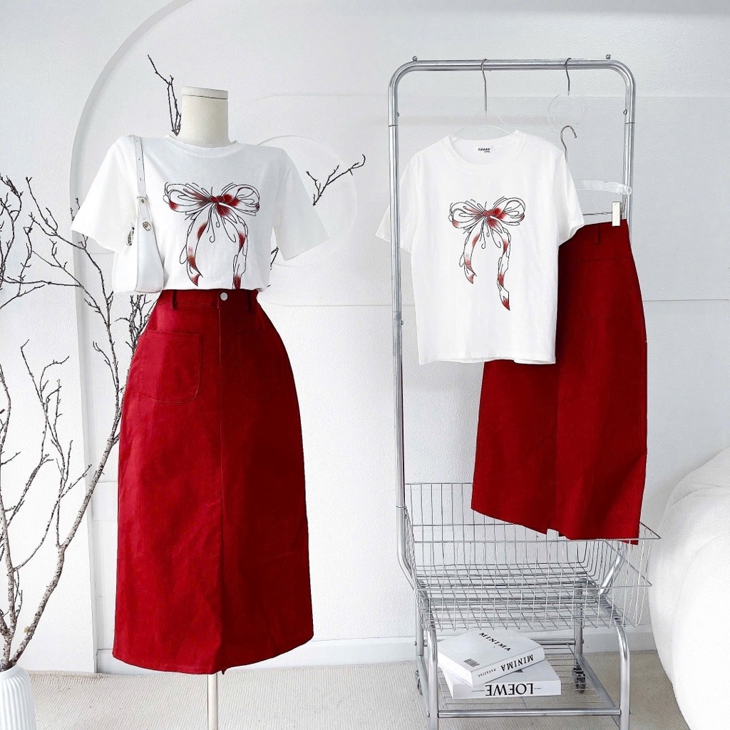 Set áo thun in x chân váy dài đỏ