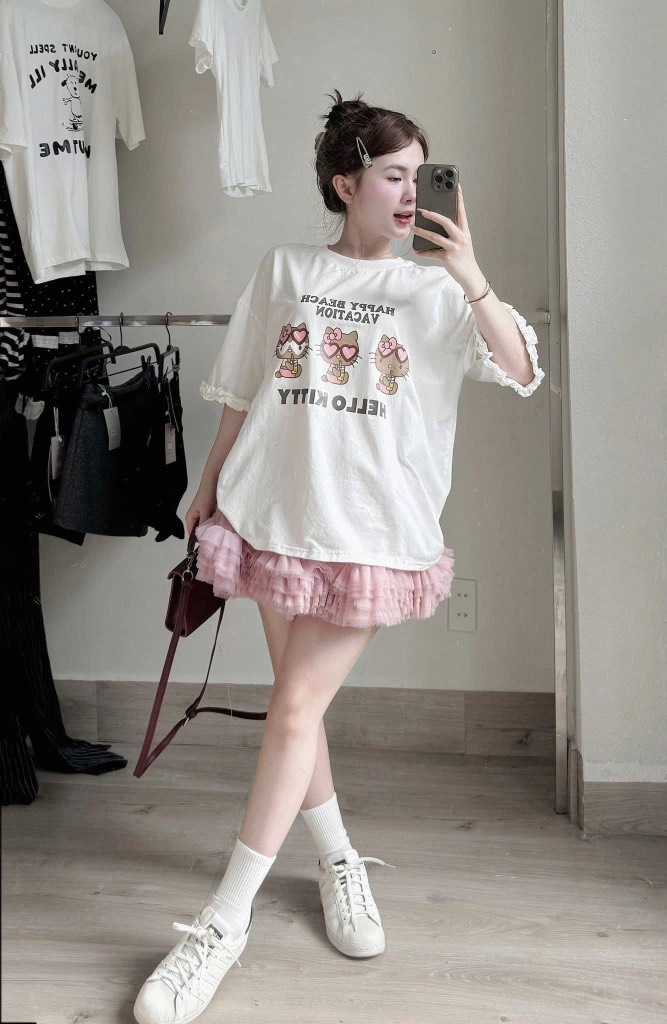 Set áo thun mèo chân váy hồng