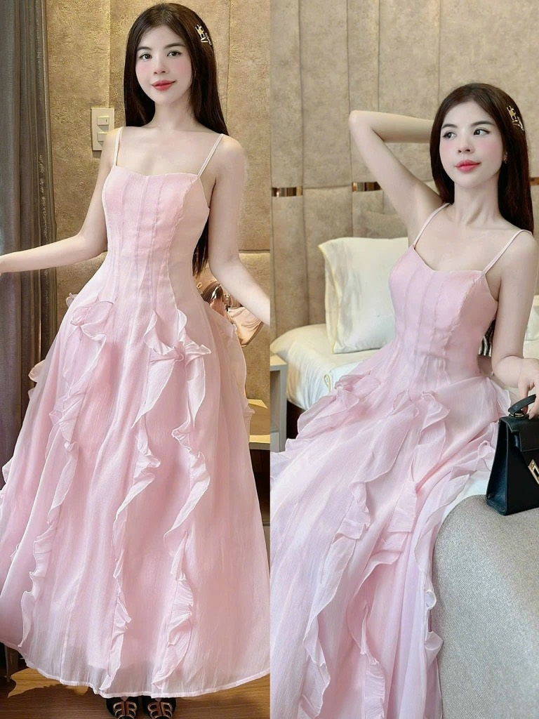 Đầm xòe hồng 2 dây phối bèo