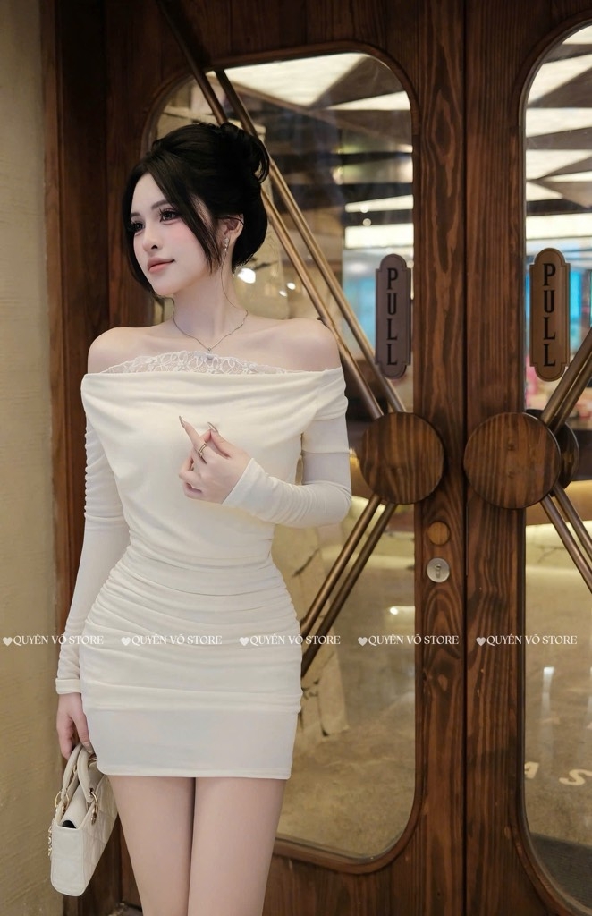 Đầm ôm body phối ren viền - Trắng