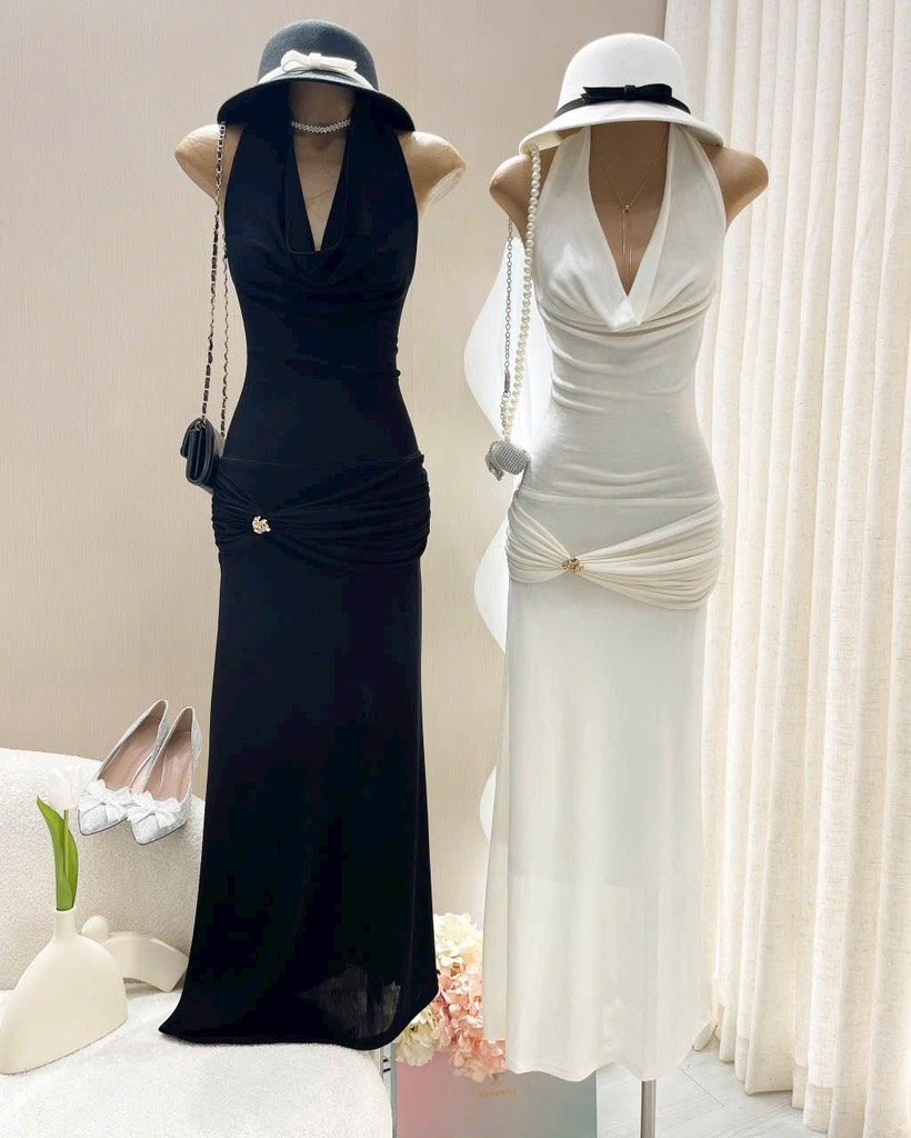 Đầm ôm body maxi thun ánh kim cổ đỗ trước