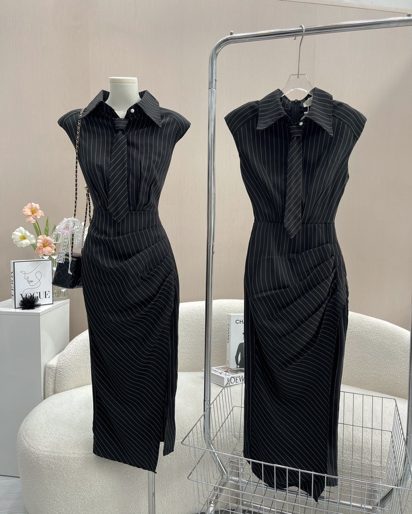 Đầm midi sọc đen cổ sơ mi vạt đắp