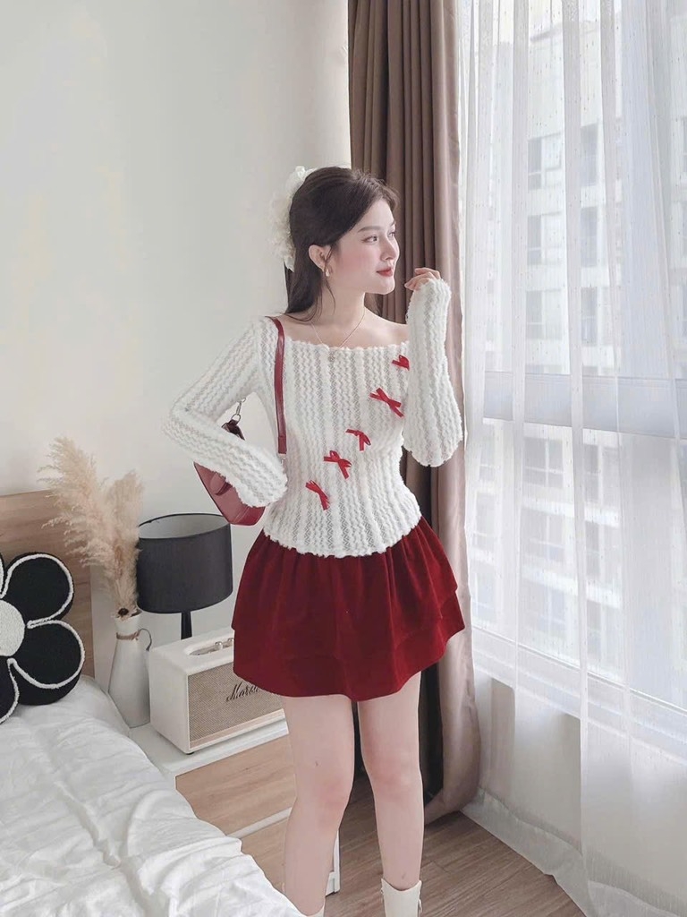 Set áo len lông bẹt vai đính nơ chân váy nhung