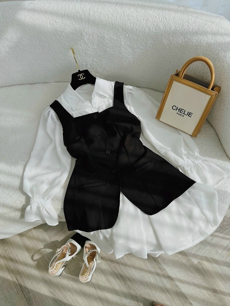 Set đầm sơ mi kèm gile