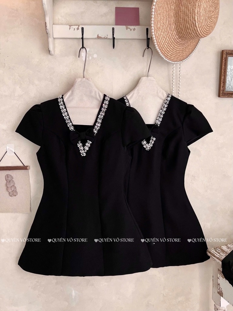 Đầm tafta cổ V đính đá - 1070