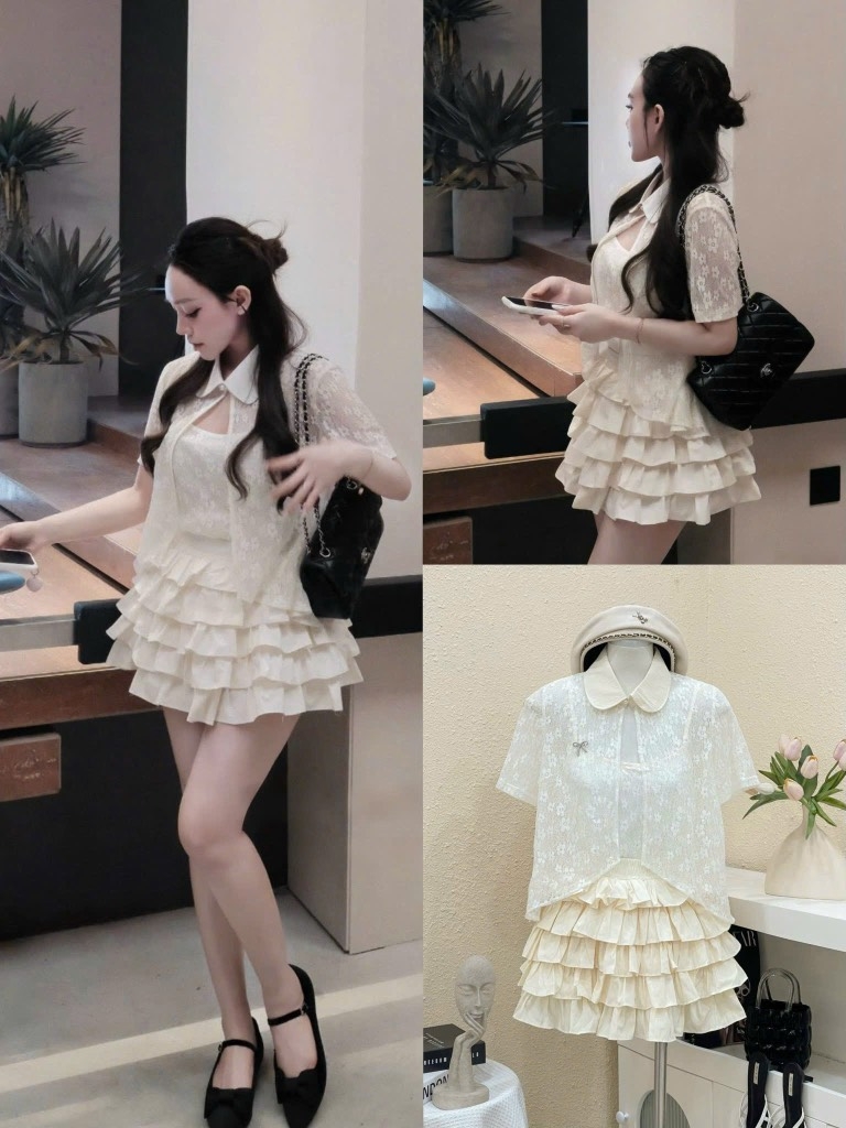 Set áo ren chân váy tầng