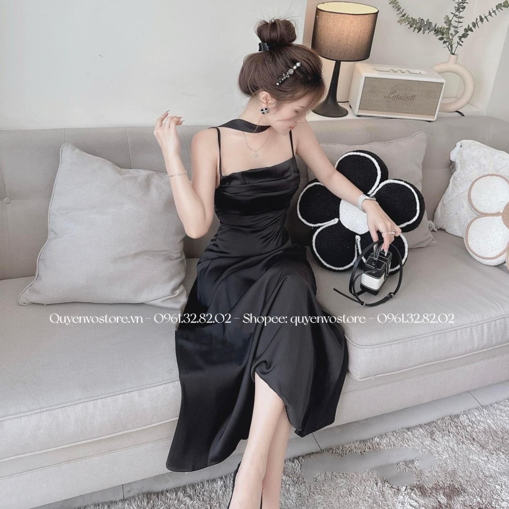 Đầm lụa 2 dây đáp cổ li ngực