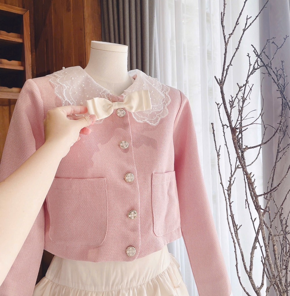 Set crop dạ hồng cổ sen td x chân váy tầng