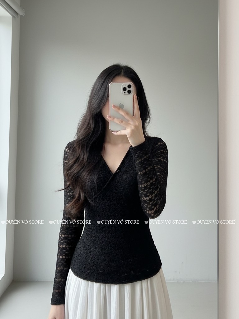 Áo ren ôm body đắp chéo - Đen 1506