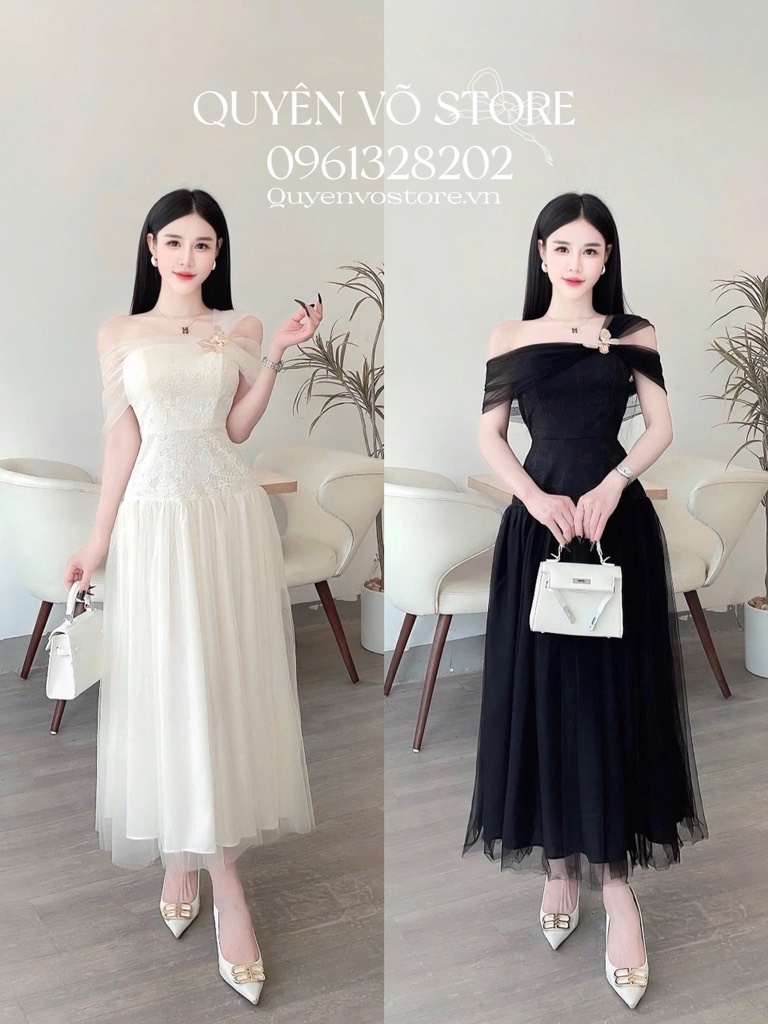 Đầm ren trễ vai phối lưới dáng dài - Kem