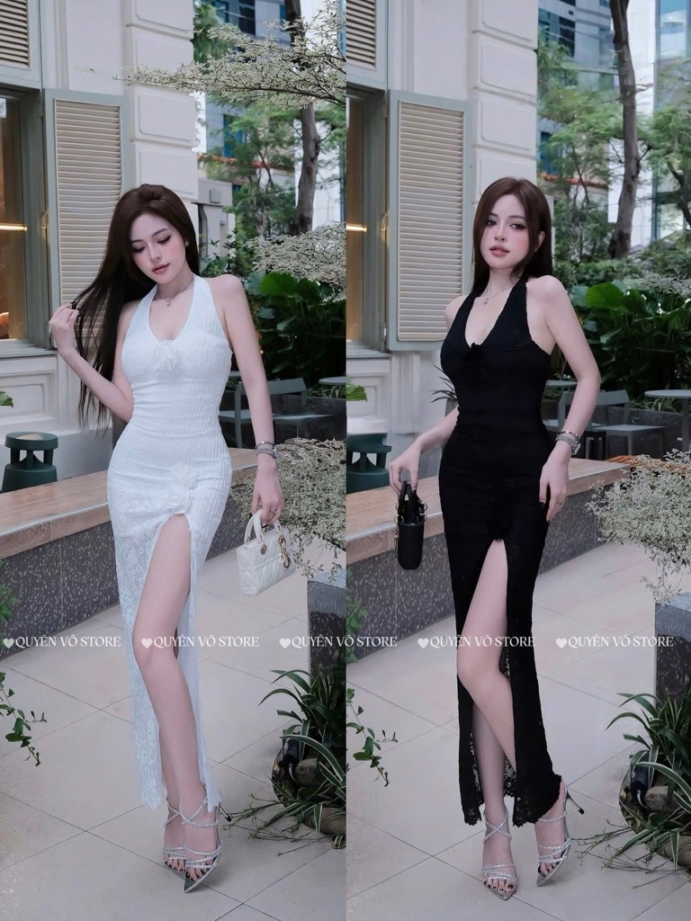 Đầm ôm body cổ yếm dáng dài - Đen