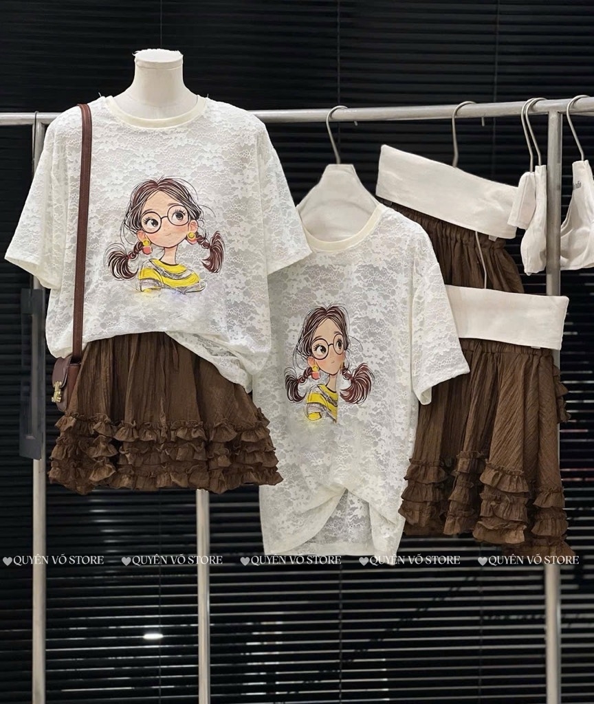 Set áo in cô gái chân váy tơ - 8369