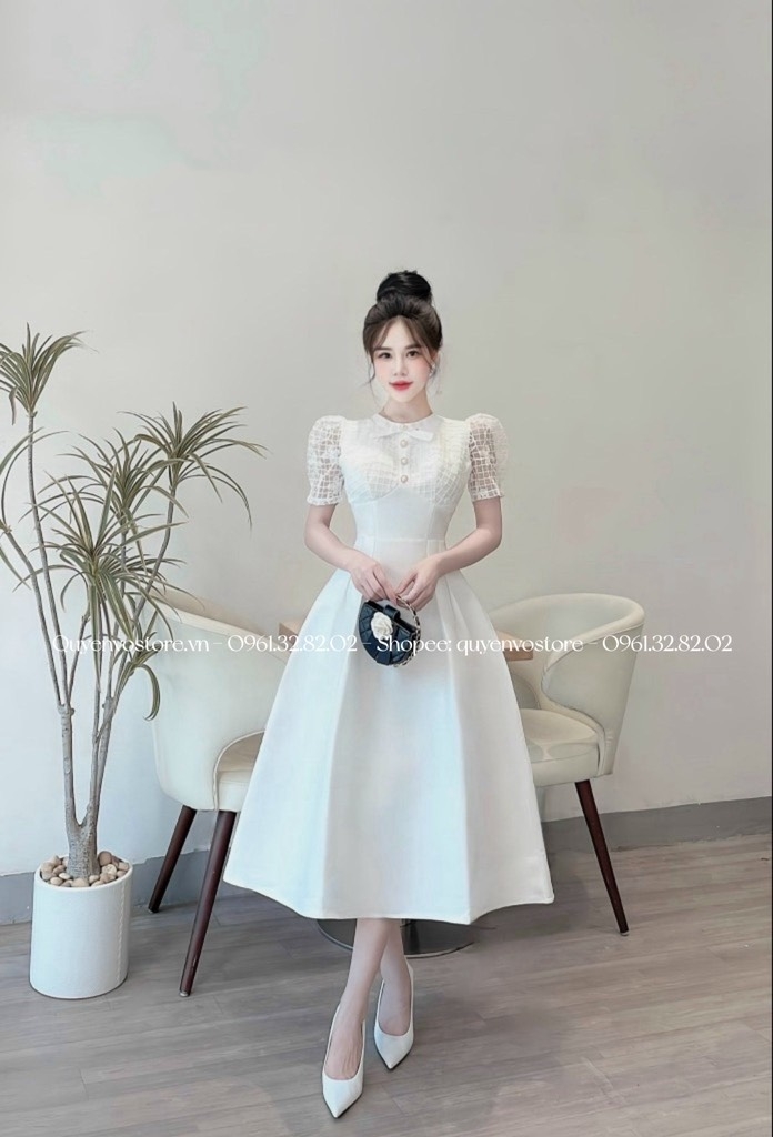 Đầm tafta phối ren ngực